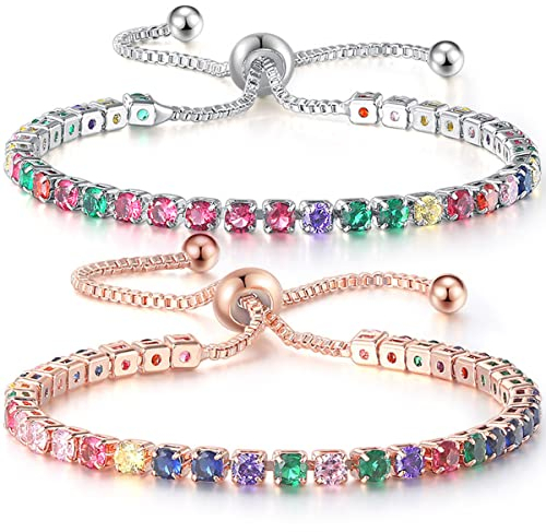 Karriter Deltanatural zartes Regenbogen-Turmalin-Ionen-Armband, verstellbares Tennisarmband Geburtsstein, abnehmendes magnetisches Armband, Chakra-Edelstein-Armband (2Paar)