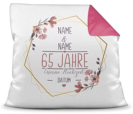 Kissen Hochzeitstag Eiserne Hochzeit - mit Name & Datum selbst gestalten - 65 Jahre Ehe, Geschenk Hochzeit, Jubiläum, Jahrestag - Hochzeit Farbkissen Rückseite Pink, 40x40 cm I Personalisiert