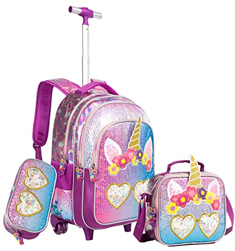 IvyH Kinder Trolley Rucksack für Mädchen, 3 in 1 Schultaschen Set mit Lunchtasche Federmäppchen, süßer Rollenrucksack für Grundschüler