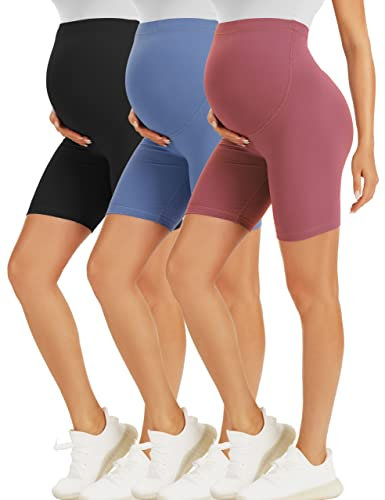 BONVIGOR Short de maternité au-dessus du ventre, short de motard de grossesse, short d'entraînement, yoga, pantalon athlétique actif pour femme enceinte, Lot de 3 - noir/bleu/rose foncé, XL