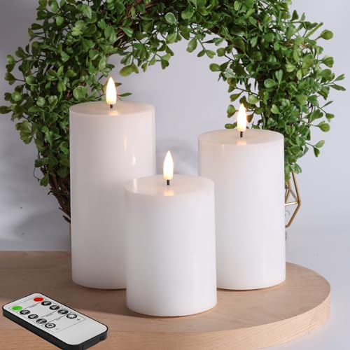 Eywamage Weiß Flammenlose Stumpenkerzen mit Fernbedienung, Flackernde Batterie LED Wachs Kerzen 3 Stück