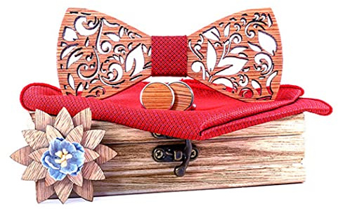 RQPYQF Noeud Papillon Bois, Ensemble de 4 Pièces Noeud Papillon en Bois et Boutons de Manchette et Broche en Bois et Carré de Poche, Fait Main, Accessoire Mode