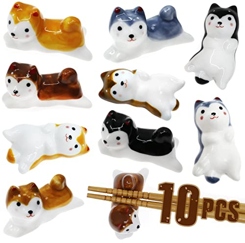 5 Pcs Cute Lucky Cat Chopsticks Holder Japanese Style Ceramic Cat Chopstick Rest Set Dinner Spoon Stand Knife Fork Holder (Dog)