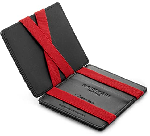 Jaimie Jacobs Flap Boy Slim ohne Münzfach Magic Wallet integrierter RFID Schutz Magischer Geldbeutel (Vegan Schwarz mit Rot)