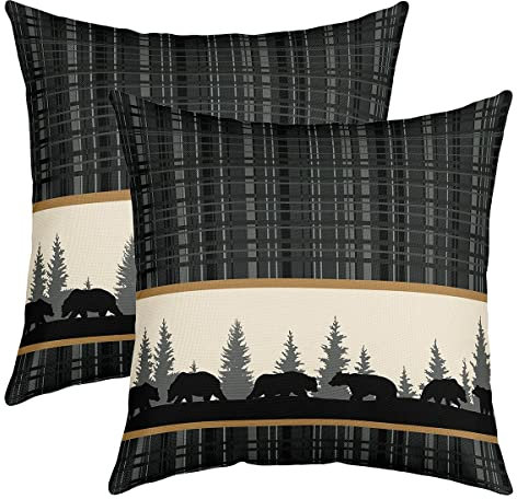 Bär Kissenbezug Kissenhülle Jungen Wild Tiere Kissenbezüge 45x45cm 2er Set Kissenbezüge Kinder Natur Wildtiere Bär Sofakissen Couchkissen Botanischer Baum Plaid Grid Drucken Braun Dekokissens