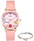 JewelryWe 2pcs Damenuhr Armband Schmuck Set Damen Kinder Analog Quarz Uhr mit Blume Erdbeere und Herz Leder Armbanduhr verstellbar Perlen Kugel Armreif für Frauen Mädchen Rosa