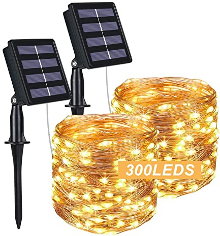 flintronic Luces Exterior Solar, 2PCS-32M-300LED-8 Modos Cadena de Luces Decoracion para Navidad, Luces LED Solares Exteriores Jardin para Navidad, Bodas, Fiestas, Jardines, Terraza-Blanco Cálido
