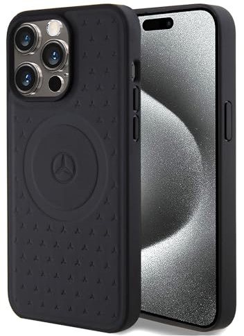 CG MOBILE Mercedes-Benz Handyhülle Kompatibel mit Magsafe iPhone 15 Pro Max in Schwarz mit Sternenmuster, Echt Leder Schutzhülle & Durable Case mit Easy Snap-on, Stoßdämpfung & Signature Logo