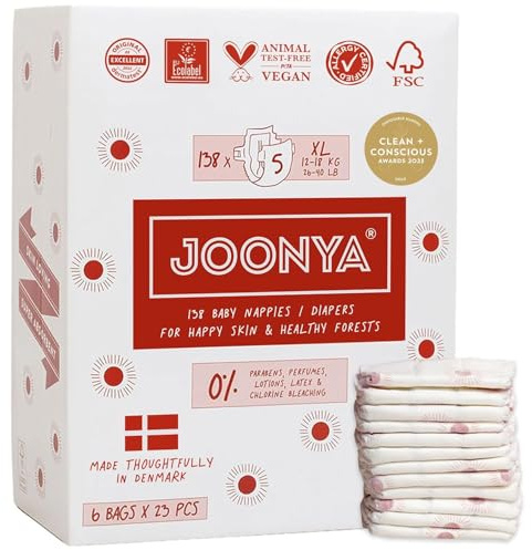 Joonya Baby Windeln, Größe 5 XL (12-18 kg) - 6 Beutel mit 23 Stück (138) - Schadstofffrei, Umweltfreundlich, Hohe Saugkraft, Für die Nacht, Ultraflach & Weich - Hergestellt in Dänemark