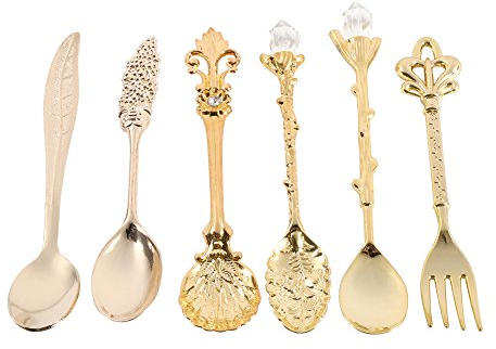 Ezweiji Spoon Juego de cucharas vintage y tenedores,6 unidades,juego de vajilla familiar,estilo retro,estilo real,dorado,plateado,color antiguo,metal,juego de cubiertos para café,postre,,XS1WQ4