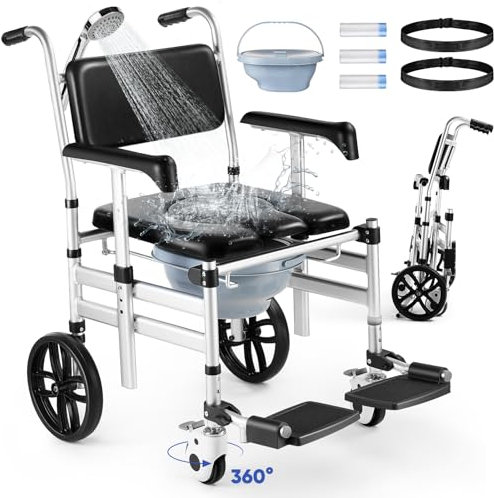 Hybodies Faltbarer Duschstuhl mit Rollen, 3-in-1 Multifunktionales Aluminium-Duschrad, Transportstuhl, Toilettenstuhl, Rollbadstuhl für Behinderte und ältere Menschen