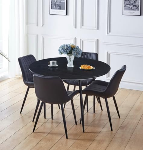 Hallowood Furniture Cullompton 120cm Round Dining Table and Chairs Set 4 | Black Wooden Effect Large Round Kitchen Table with Black Bonded Leather Chair, Dining Set for 4 Perfect for Home and Cafés