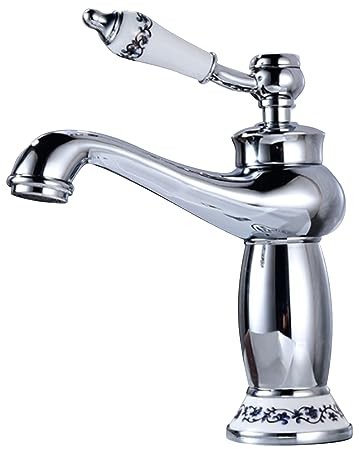 Cyrank Antiker Messing-Wasserhahn, Blau-weißes Porzellan, Heißer Und Kalter Waschbecken-Wasserhahn, Hebeschalter, Einhand-Waschbecken-Wasserhahn Für Küche Und Badezimmer