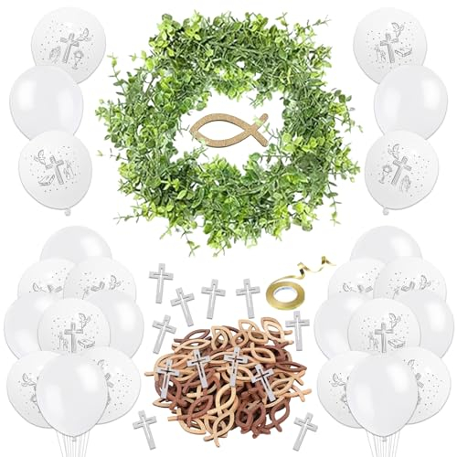 TECHEEL 105 Stück Kommunion Dekoration Set Grün Blätter Girlande Kommunion Holz Fische Streudeko Konfirmation Dekoration Weiß Luftballons Kommunion Taube Kerze Kreuz für Junge Mädchen Taufe Kommunion