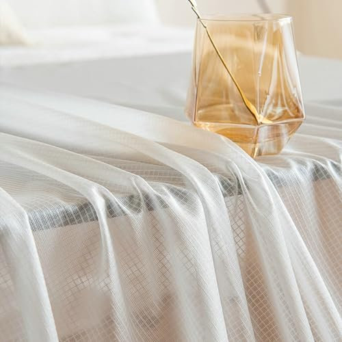 Epinki Durchlässige Vorhänge Weiß 2er Set, Kariert Gardinen Voile, Ösen Vorhänge Polyester Fenstergardinen Modern für Wohnzimmer, Jeder B 96 x H 138cm