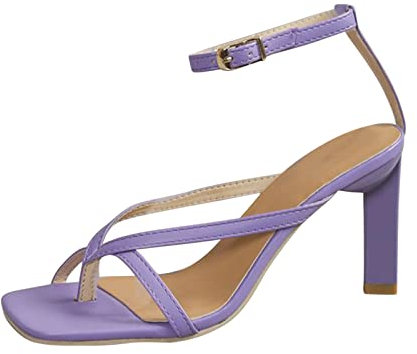 2024 Moda Donna Sandali Scarpe Nuove Signore Moda Tinta Unita Pelle Piazza Testa Clip Toe Cinghia Dritta Open Toe Sandali Tacco Alto Spiaggia Estate Piattaforma Donna Sandali con Zeppa, Viola, 39.5 EU