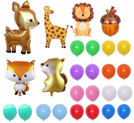 DHWEKU 6 Stück Folienballon Waldtiere, Waschbär Hirsch Eule Eichhörnchen Luftballon, Tierkopf Riesenballon, Lieferung mit 20 bunten Luftballons, für Party Deko Geschenk