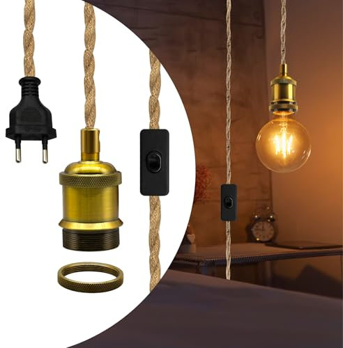 Suspension Luminaire en Laiton Vintage, Douille Ampoule E27 avec Corde Chanvre Câble 5.1m, Salon Lustre Chambre, Compatible avec Abat-jour, DIY Lampe Suspendue Industrielle, Luminaire Intérieur