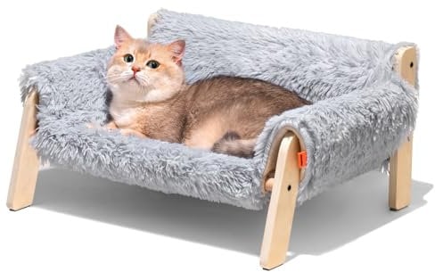 MEWOOFUN Large Cat Bed Sturdy Wooden Leg Raised Cat Sofa Bed Kitten Bed for Indoor Cats - Soft Cat Couch with Removable Cover Hold up 15kg (Grey, 56x45cm)