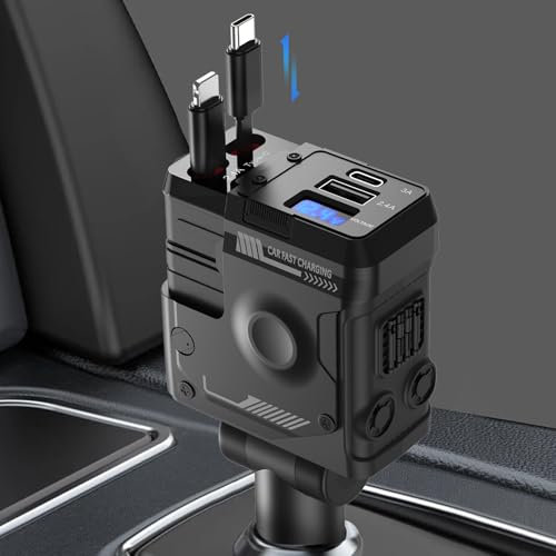 QUVFHE 4 in 1 Einziehbares Auto Ladegerät, Kfz Ladegerät Kompatibel mit iPhone und Typ-C Kabel, 60W Handy Schnellladegerät Zigarettenanzünder Adapter mit iPhone 16/15/14/13/Samsung/Pixel