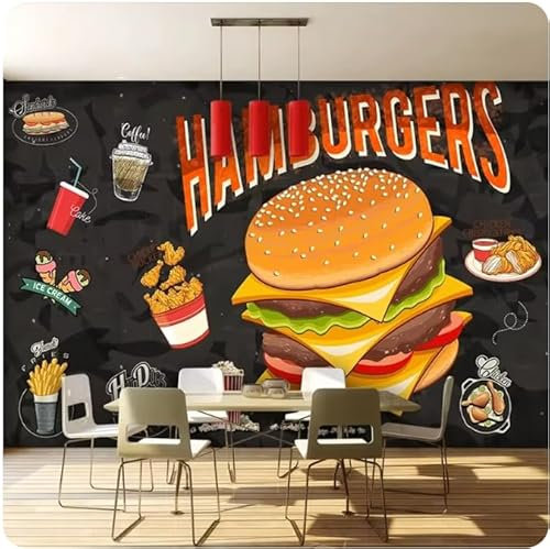 XDOUBAO Papier peint mural 3D, peinture murale de fond de restaurant de restauration rapide, 3D, 430x300cm