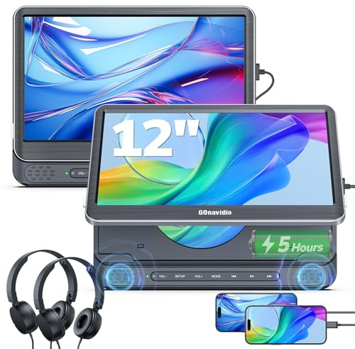 GOnavidio 12 Dual Car DVD Players with HDMI Input, Headrest DVD Players for Car with Headphones, 5-Hour Battery, 1366 * 768 Screen Mirroring, USB/TF Reader, MP4/MKV (NB1021B-A08)