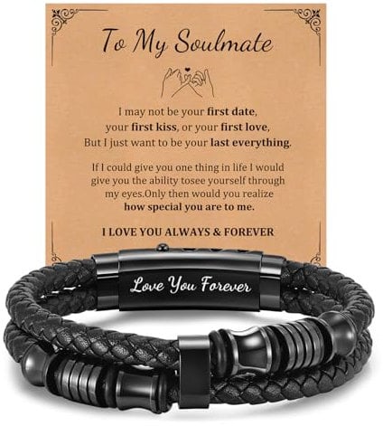 FLHEART Men's Bracelets Soulmate Gifts for Men - Black Leather Bracelet Engraved Love Massage Love You Forever for Him Husband Boyfriend，Men's Bracelets Gift for Birthday Valentine's Day Anniversary