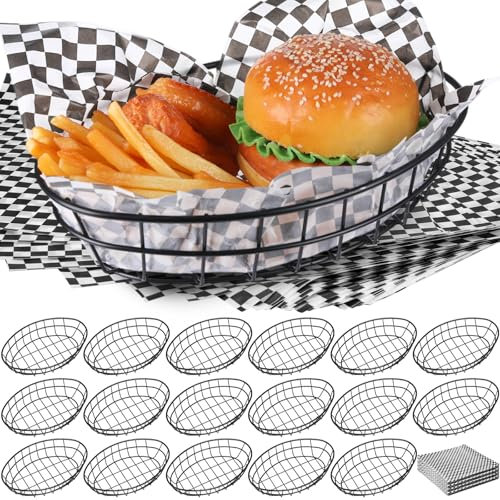 Teenyyou 18 Pcs Wire Bread Basket with 270 Pcs Food Liner Oval Metal Food Basket 9.5 x 6.2 x 2.2 with Oil Proof Checked Wrapper Paper Serving Fruit Bowl for Home Commercial(Black)