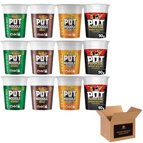 Noodle Multipack 12 – 3x Beef & Tomato, 3x Chicken & Mushroom, 3x Curry, 3x Bombay Bad Boy – Quick and Easy Instant Noodles, Ready Meal, Snack for Home, Office, Student, Camping, Travel – 90g Pots