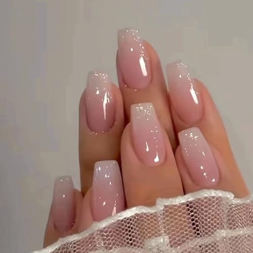 French False Nails 24Pcs Glitter Pink Gradient Square Press on Nail Pink Fake Nails Acrylic Press on Nails Gradient French Nail Tips Full Cover Stick on Nails for Women Girls Nail Art