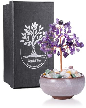 JSDDE Bonsai Arbre de Vie en Pierres Naturelles Décoration Intérieure Feng Shui Arbre de Cristal Porte Chance avec Bol en Céramique Pierres et Cristaux Reiki Guérison Porte Bonheur 12-13cm (Améthyste)
