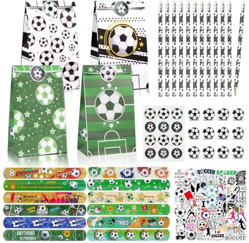 GTJEOI 98 Stück Fussball Mitgebsel Kindergeburtstag Jungen, Fußball Party Mitgebsel Kinder mit Papiertüten, Bleistifte, Radiergummi, Schnapparmband und Aufkleber, Fussball Give Aways Kindergeburtstag