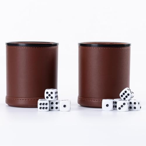 Orivin 2er Set Würfelbecher aus Leder mit runden Ecken, zylinderförmig, braun, mit 5 Würfeln, 9,5 x 8 cm