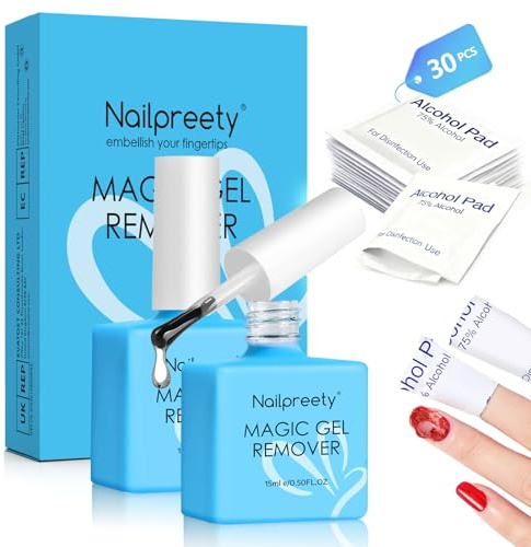 2 Pièces 15ml Magic dissolvant vernis semi permanent avec 30pcs Lingettes dissolvantes pour vernis à ongles, 3-5 Min remover vernis semi permanent, Retrait Rapide Sans Endommager les Ongles, Bleu