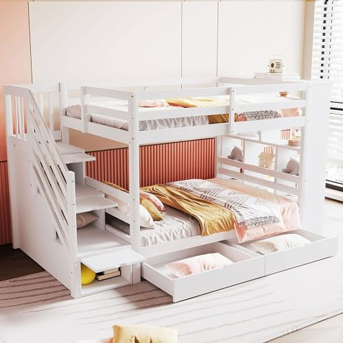 Etagenbett 90x200 cm mit Stauraumtreppe Schubladen großen Schließfächern Hochbett mit Holz Lattenrost Doppelbett Platzsparend Gästebett Ohne Matratze weiß