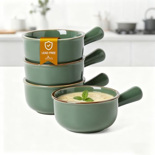 MONITO 16 Oz French Onion Soup Bowls, Ceramic Soup Bowls with Handles, Stackable Soup Crocks Oven Safe for Chili, Beef Stew, Cereal,Casseroles Microwave & Dishwasher Safe, Set of 4, Forest Green