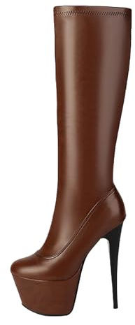 CUTEHEELS Stivaletti da donna con tacco a plateau | tacco alto 15 cm e cerniera laterale | gambo 38 cm | foderato per l'inverno, marrone, 37 EU