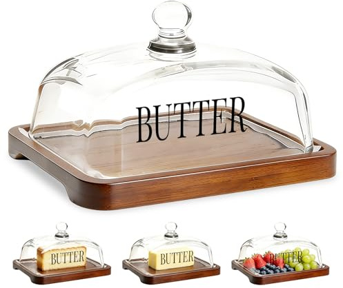 Butter Dish with Lid, Glass-Covered Butter Tray, Wooden Butter Plate | 17.8x11.9x9.8 cm | Thickened | Dome-Shaped Cake Cover with Top Bead | Suitable for Storing Margarine Desserts Cakes