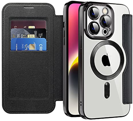 SIYOPINPFY Coque Magnétique pour iPhone 14 Pro Étui à Rabat, Noir JD | Compatible avec MagSafe , RFID Blocage , Dos Transparente , Housse en Cuir PU Flip Pochette Portefeuille avec Fentes Cartes