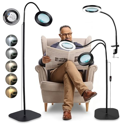 Loupe sur Pied 10x/20x avec Lumière et Support, 3-in-1 Grande Loupe Lecture pour Seniors, 5 Modes Couleur Gradable, & Pince & Socle, Lampe LED pour Lire, Coudre, Bricoler et Travaux Précision