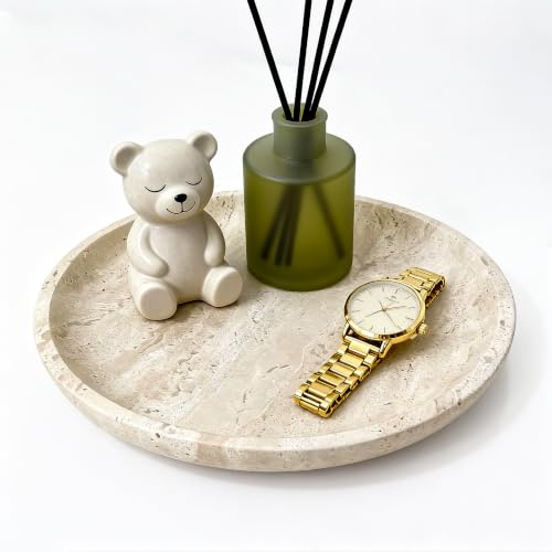WORHE Vanity Tray for Bathroom, Dresser, Counter, Home Decor 26cm D x 3cm H | Travertine Round Decorative Tray for Candles, Perfumes, Jewelry, Plants Natural Stone Organiser Dish Light Beige(UKN53)