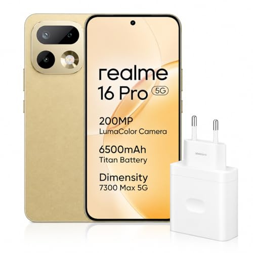 realme 16 Pro 5G Smartphone 8+256 GB, 200MP AI Camera, 6.78 144Hz AMOLED Display, 6500mAH Battery, 45W Ultra Charge, Dimensity 7300-Max, IP69, Master Gold