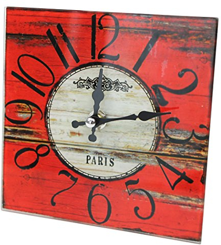 WB wohn trends Wanduhr aus Glas zum Stellen ~ Paris ~ 15 x 15 cm ~ rot weiß Holz ~ Shabby Vintage Uhr