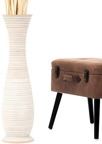 Leewadee Große Deko Bodenvase Für Dekozweige, Hohe Standvase Für Pampasgras, Design Holzvase, 70 cm, White Wash