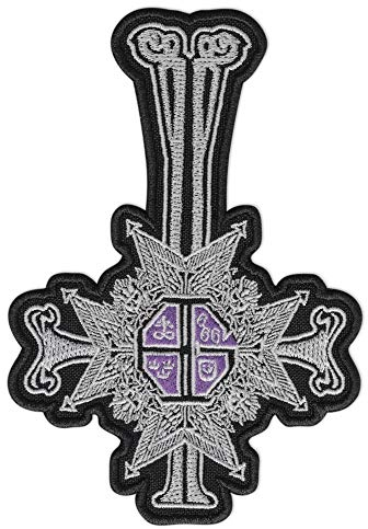 Ghost Band Grucifix Cross Embroidered Patch - Rock Iron-on Patches - Heavy Metal Embroidery Emblem – Iron On and Sew On Applique Patch for Bikers - 3.4 x 4.9, Silver/Purple