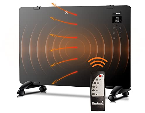 MaxxHome Heizlüfter - Elektroheizung mit Rädern - Elektrische Heizung - Heizkörper - Infrarotheizung Standgerät - Heizlüfter Bad - Mit Fernbedienung und Touchscreen - 2000W - Schwarz