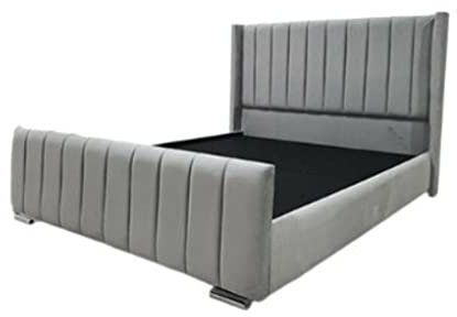 New Jassat 5FT Kingsize 4FT6 DOUBLE Velvet Fabric Upholstered Chesterfield Wing Headboard Sleigh Bed (Steel, 4FT6 Double)