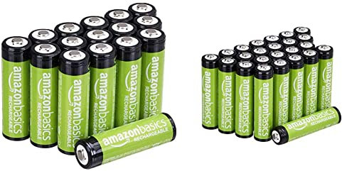 Amazon Basics AA-Batterien, wiederaufladbar, vorgeladen, 16 Stück (Aussehen kann variieren) & AAA-Batterien, 800 mAh, wiederaufladbar, 24 Stück