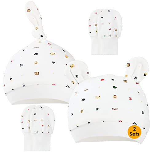 Baby Baumwollmützen und Fäustlinge – 100% Baumwolle, 2 Baby Mützen, Mützen und 2 Paar Kratzfäustlinge für Babys (6-12 Monate)