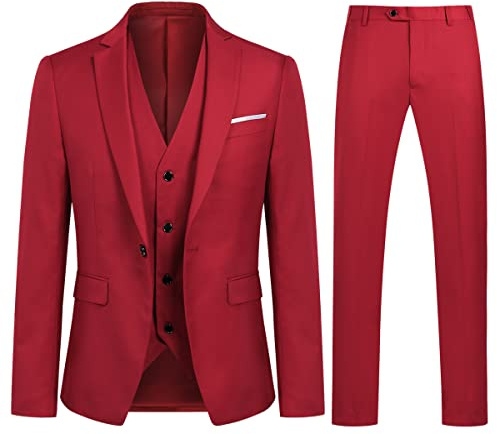 Sliktaa Men Three Piece Tuxedo Suit One Button Wedding Formal Set,Red,L